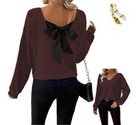 Womens Bow Back Sweater Sexy Off The Shoulder Pullover V Neck Sweaters,Fall Rib Knit Long Sleeve Bow Back Solid Casual Tops (FR/ES, Letras, M, Regular, Regular, Brown)