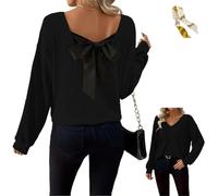 Womens Bow Back Sweater Sexy Off The Shoulder Pullover V Neck Sweaters,Fall Rib Knit Long Sleeve Bow Back Solid Casual Tops (FR/ES, Letras, XL, Regular, Regular, Black)