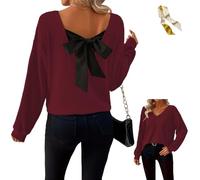 Womens Bow Back Sweater Sexy Off The Shoulder Pullover V Neck Sweaters,Fall Rib Knit Long Sleeve Bow Back Solid Casual Tops (FR/ES, Letras, 3XL, Regular, Regular, Red)