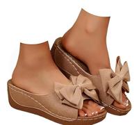 Women's Bowknot Peep-Toe Wedge Sandals,Women's Wedges Slide Sandals,Summer Flower Wedges Sandal Beach Party Dress Shoes with Arch Support Sliders Anti-Slip (Khaki,37)