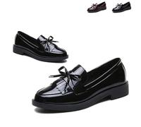 Women's Bowknot Tassel Low Heel Loafers Flats, Patent Leather Slip On Shoes with Anti-Slip Rubber Sole, Comfortable Casual Dressy Shoes (Black,41)