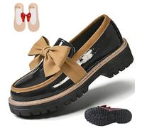 Women's Bowknot Thick Sole Loafers, Women's Patent Leather Bowknot Chunky Platform Loafers - Casual Dress Shoes for Office Business Work Everyday Wear (Khaki,41)