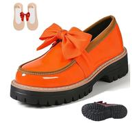 Women's Bowknot Thick Sole Loafers, Women's Patent Leather Bowknot Chunky Platform Loafers - Casual Dress Shoes for Office Business Work Everyday Wear (Orange-Red,39)