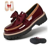 Women's Bowknot Thick Sole Loafers, Women's Patent Leather Bowknot Chunky Platform Loafers - Casual Dress Shoes for Office Business Work Everyday Wear (Burgundy,43)