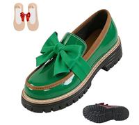 Women's Bowknot Thick Sole Loafers, Women's Patent Leather Bowknot Chunky Platform Loafers - Casual Dress Shoes for Office Business Work Everyday Wear (Fluorescent Green,36)