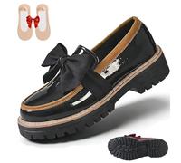 Women's Bowknot Thick Sole Loafers, Women's Patent Leather Bowknot Chunky Platform Loafers - Casual Dress Shoes for Office Business Work Everyday Wear (Black,36)
