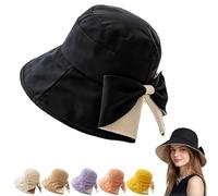 Women's Bowknot Wide Brim Sun Hat, Foldable, 360° UV Protection Summer Beach Hat Foldable Bucket Hats for Travel (Black)
