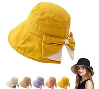 Women's Bowknot Wide Brim Sun Hat, Foldable, 360° UV Protection Summer Beach Hat Foldable Bucket Hats for Travel (Yellow)