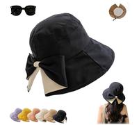 Women's Bowknot Wide Brim Sun Hat - Foldable,Adjustable 360° Protection Breathable Bucket Hats,Summer Foldable Beach Sun Cap (Black)