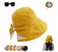 Women's Bowknot Wide Brim Sun Hat - Foldable,Adjustable 360° Protection Breathable Bucket Hats,Summer Foldable Beach Sun Cap (Yellow)
