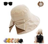 Women's Bowknot Wide Brim Sun Hat - Foldable,Adjustable 360° Protection Breathable Bucket Hats,Summer Foldable Beach Sun Cap (Beige)