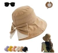 Women's Bowknot Wide Brim Sun Hat - Foldable,Adjustable 360° Protection Breathable Bucket Hats,Summer Foldable Beach Sun Cap (Khaki)