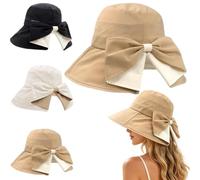 Women's Bowknot Wide Brim Sun Protective Hat,Bowknot Wide Brim Hat,360° UV Protection Foldable Hats,Breathable Fabric,for Vacation Cruise Travel Outdoor Sun Protection and Daily Wear，khakim
