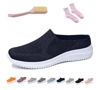 Women's Breathable Knit Slip-On Walking Shoes - Backless Sneakers with Arch Support & Memory Foam - Closed Toe Orthopedic Mules, Casual Summer Loafers & Slide-In Clogs (Navy,43)