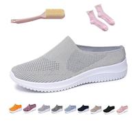 Women's Breathable Knit Slip-On Walking Shoes - Backless Sneakers with Arch Support & Memory Foam - Closed Toe Orthopedic Mules, Casual Summer Loafers & Slide-In Clogs (Grey,36)
