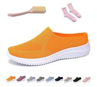 Women's Breathable Knit Slip-On Walking Shoes - Backless Sneakers with Arch Support & Memory Foam - Closed Toe Orthopedic Mules, Casual Summer Loafers & Slide-In Clogs (Orange,41)
