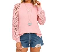 Women's Burgundy Lace Sleeve Top Boho Crochet Long Sleeve Blouse Casual Loose Fit Round Neck Shirt Fall Spring Fashion Tunic for Ladies