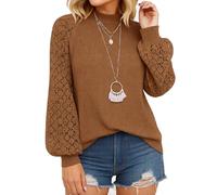 Women's Burgundy Lace Sleeve Top Boho Crochet Long Sleeve Blouse Casual Loose Fit Round Neck Shirt Fall Spring Fashion Tunic for Ladies