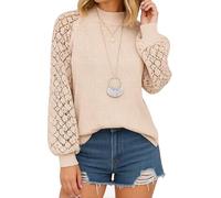 Women's Burgundy Lace Sleeve Top Boho Crochet Long Sleeve Blouse Casual Loose Fit Round Neck Shirt Fall Spring Fashion Tunic for Ladies