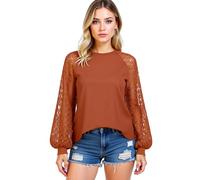 Women's Burgundy Lace Sleeve Top Boho Crochet Long Sleeve Blouse Casual Loose Fit Round Neck Shirt Fall Spring Fashion Tunic for Ladies