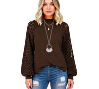 Women's Burgundy Lace Sleeve Top Boho Crochet Long Sleeve Blouse Casual Loose Fit Round Neck Shirt Fall Spring Fashion Tunic for Ladies