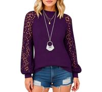 Women's Burgundy Lace Sleeve Top Boho Crochet Long Sleeve Blouse Casual Loose Fit Round Neck Shirt Fall Spring Fashion Tunic for Ladies