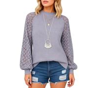Women's Burgundy Lace Sleeve Top Boho Crochet Long Sleeve Blouse Casual Loose Fit Round Neck Shirt Fall Spring Fashion Tunic for Ladies