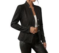 Women's Business Casual Blazers Notch Collar Long Sleeve Solid Textured Button Up Single Breasted Jackets for Office Jacquard Cropped Stand Collar Dressy Outerwear Coats (Black,L)