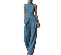 Womens Business Casual Two Piece Set Sleeveless Vest Top Wide Leg Pants (Blue,s)