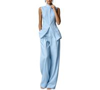 Womens Business Casual Two Piece Set Sleeveless Vest Top Wide Leg Pants (Light Blue,s)