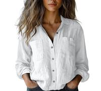 Women's Button Down Shirt with Pockets Solid Colour Long Sleeve Round Neck Blouse Casual Tops Elegant Tunic Spring T Shirts Valentines Day Gifts C-22