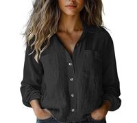 Women's Button Down Shirt with Pockets Solid Colour Long Sleeve Round Neck Blouse Casual Tops Elegant Tunic Spring T Shirts Valentines Day Gifts C-22