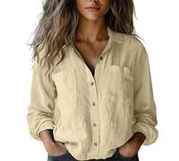 Women's Button Down Shirt with Pockets Solid Colour Long Sleeve Round Neck Blouse Casual Tops Elegant Tunic Spring T Shirts Valentines Day Gifts C-22