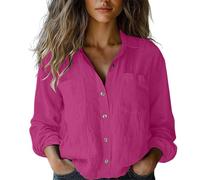 Women's Button Down Shirt with Pockets Solid Colour Long Sleeve Round Neck Blouse Casual Tops Elegant Tunic Spring T Shirts Valentines Day Gifts C-22