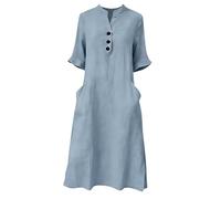 Womens Button V Neck Cotton Linen Dresses Casual Loose Shift 3/4 Length Sleeve Gauze Midi Dress with Pockets (Blue,XL)