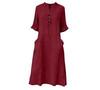 Womens Button V Neck Cotton Linen Dresses Casual Loose Shift 3/4 Length Sleeve Gauze Midi Dress with Pockets (Red,L)