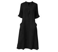 Womens Button V Neck Cotton Linen Dresses Casual Loose Shift 3/4 Length Sleeve Gauze Midi Dress with Pockets (Black,XXL)