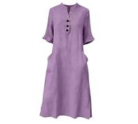 Womens Button V Neck Cotton Linen Dresses Casual Loose Shift 3/4 Length Sleeve Gauze Midi Dress with Pockets (Purple,L)
