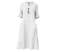 Womens Button V Neck Cotton Linen Dresses Casual Loose Shift 3/4 Length Sleeve Gauze Midi Dress with Pockets (White,L)
