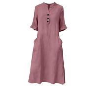 Womens Button V Neck Cotton Linen Dresses Casual Loose Shift 3/4 Length Sleeve Gauze Midi Dress with Pockets (Pink,M)