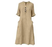 Womens Button V Neck Cotton Linen Dresses Casual Loose Shift 3/4 Length Sleeve Gauze Midi Dress with Pockets (Khaki,XL)