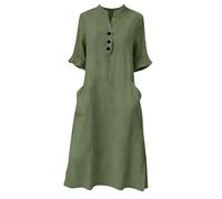 Womens Button V Neck Cotton Linen Dresses Casual Loose Shift 3/4 Length Sleeve Gauze Midi Dress with Pockets (Green,M)