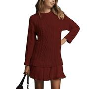 Womens Cable Knit Sweater Dress Crewneck Long, Sleeve Pleated Twofer Style Patchwork, Casual Dress (Burgundy,S)