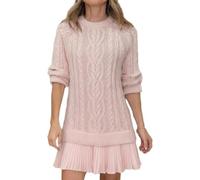 Womens Cable Knit Sweater Dress, Fall Crewneck Cable Knit Sweater Mini Dress, Twofer Style Patchwork Casual Mini Skirt (Pink,XS)