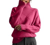 Women's Cable Knit Sweater Turtleneck Long Sleeve Loose Chunky Casual Oversized Pullover Tops for Winter,2026 New (Rose Red,L)