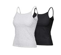 Women's Camisole Top with Built in Bra, Adjustable Spaghetti Strap Padded Shelf Bra, Seamless Modal Crew Neck Wireless Basic Tank, Casual Stretch Slim-Fit Undershirt (Gray+Black,L)