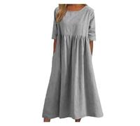 Women's Casual Basic Outdoor Crew Neck Pocket Smocked Cotton Dress, Casual Spring Summer Sleeve Basic Dresses for Women(Light Gray,L)