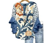 Women's Casual Boho Floral Print Tops Loose V Neck 3/4 Wave Bell Sleeve Flowy Shirts Summer Blouses for Women (C,3XL)