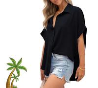 Women's Casual Button Short Sleeve Slit Hem Shirt Solid Color Tops, V-Neck, High-Low Slits, Summer Beach. (A,XXL)