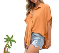 Women's Casual Button Short Sleeve Slit Hem Shirt Solid Color Tops, V-Neck, High-Low Slits, Summer Beach. (G,S)